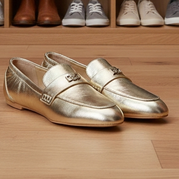 Deltan Shoes - Deltan Women's James Gold Leather Logo Hardware Loafers Size 6